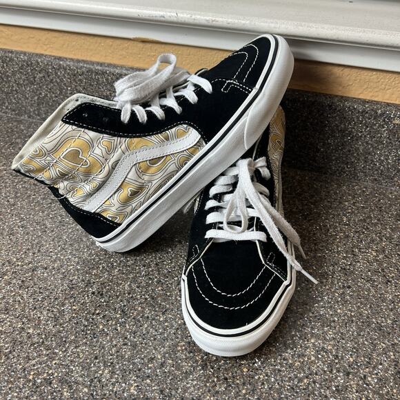 Vans SK8-Hi Sneaker Skate Shoes Black/Heart Print Womens 8.5 Suede/Canvas Mens 7 - Picture 2 of 11